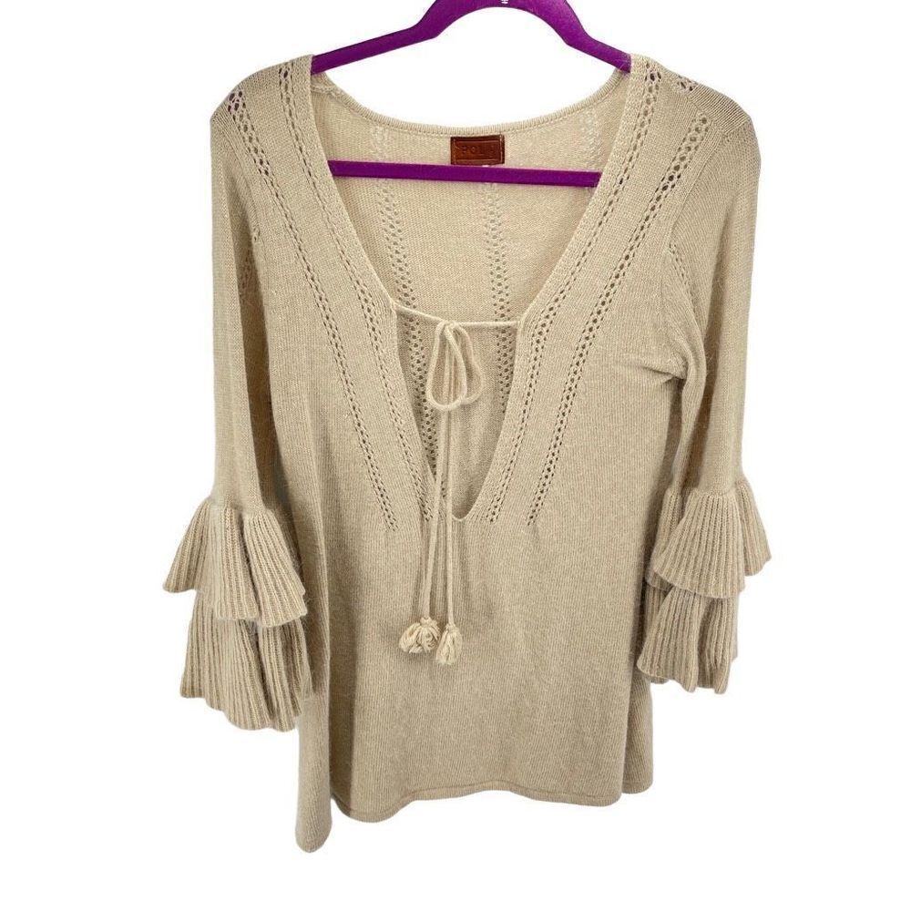 POL Womens Bell Tiered Sleeve Sweater Pullover V Neck Tassel tunic Tan Size Smal